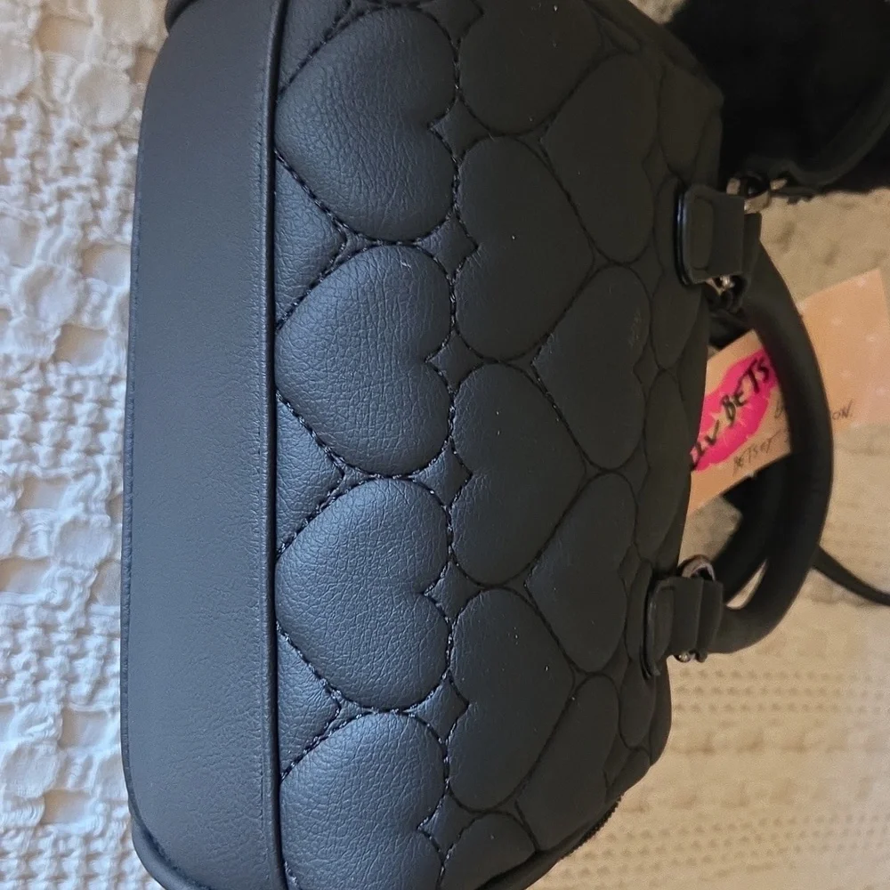 Luv Betsy By Betsy Johnson Black Heart Quilted Barrel Satchel Crossbody Bag